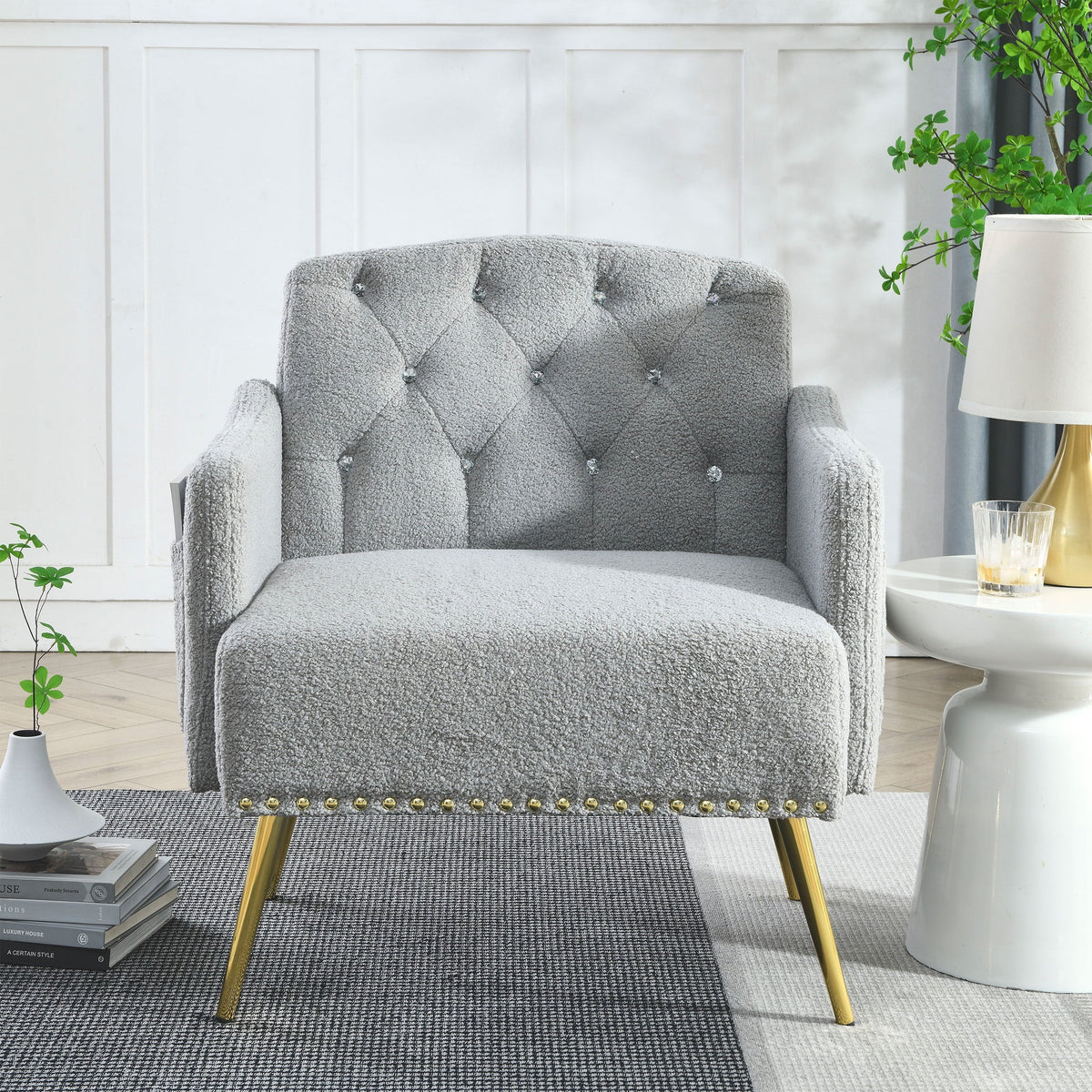 30 " Modern Chesterfield Tufted Upholstered Chair with Deep Buttons, Living Room Chair, Comfortable Armchair, Gold Hardware Legs, Tufted Chair for Reading or Relaxing,