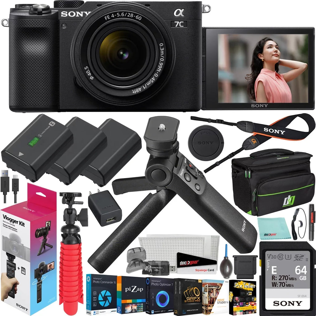 Sony a7C Mirrorless Full Frame Camera Body with 28-60mm -5.6 Lens Black / Bundle + Vlogger Kit : - Shooting Grip w. Wireless Remote + 2x Battery + Deco Gear Bag & Accessories