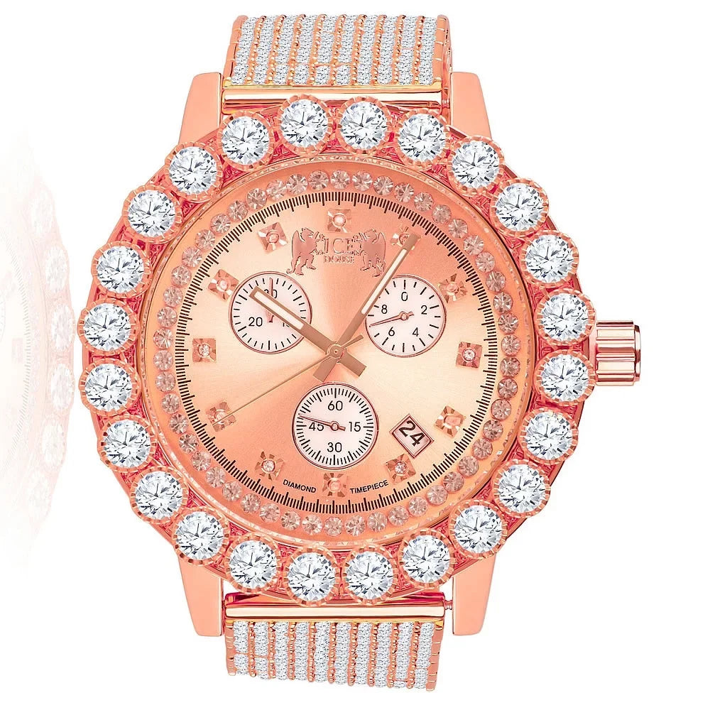 Exclusive Custom Time Piece Celebrity Inspired Lab Diamonds Rose Gold Tone Iced Out Khronos Jo Rodeo Watch /Date Function