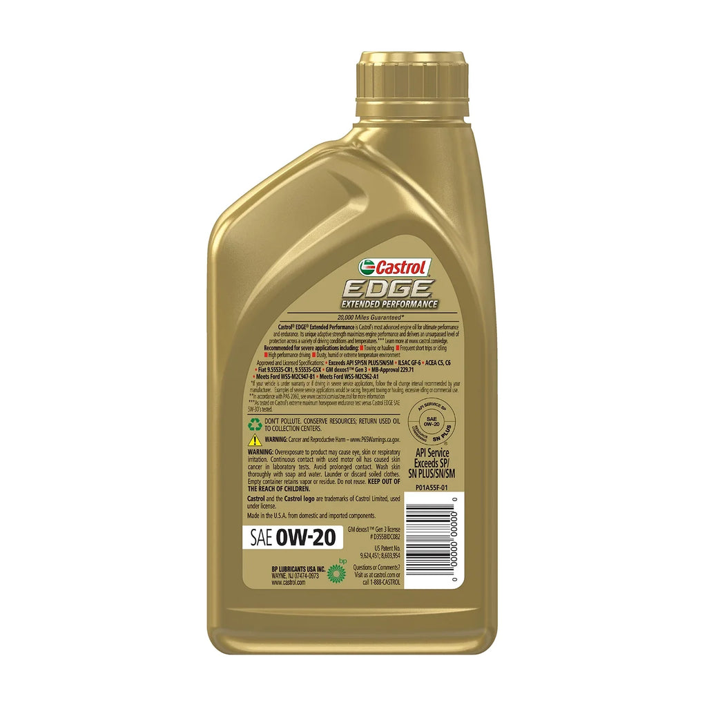 Castrol Edge Extended Performance 0W-20 Advanced Full Synthetic Motor Oil, 1 Quart, Case of 6