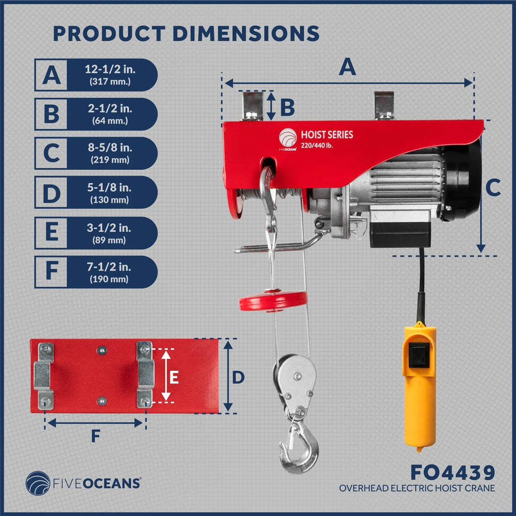 Five Oceans Electric Hoist, Hoist Pulley System, Pulley Hoist, 440 Lb Electric Winch 20FT Remote Control 120 , Includes Working Gloves for Garage, Factory Lifting Emergency Stop Button - -