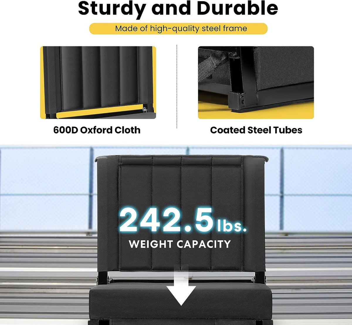 Portable Stadium Seat for Bleachers with Back Support, Folding Bleacher Chair with Cup Holder and Shoulder Strap