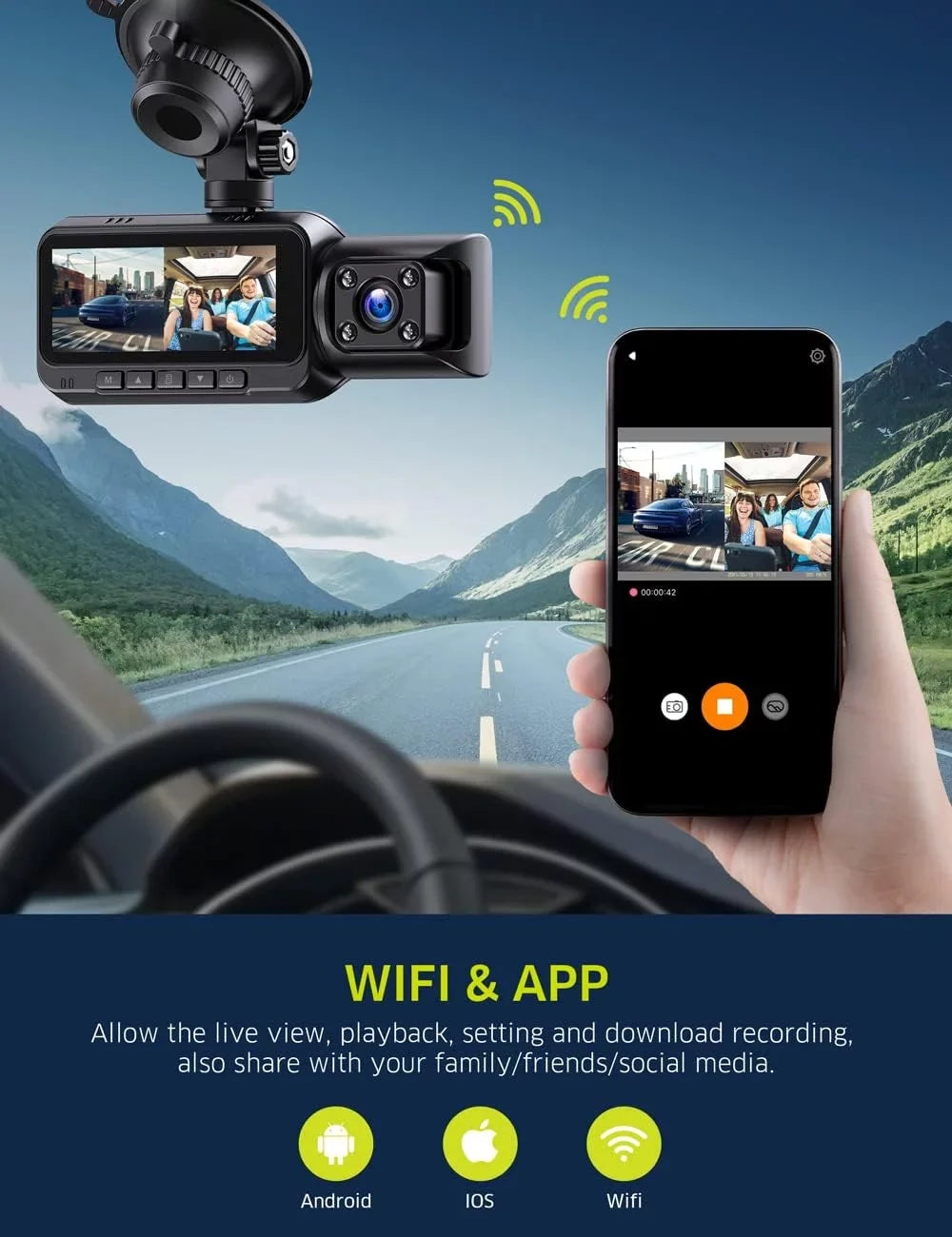 4K Dual Dash Cam  WiFi Car Camera, 2160P+1080P Dashcam Front and Inside  Night Vision, 3.16”  Screen, Night Vision, 170°Wide Angle, , 24H Parking Mode