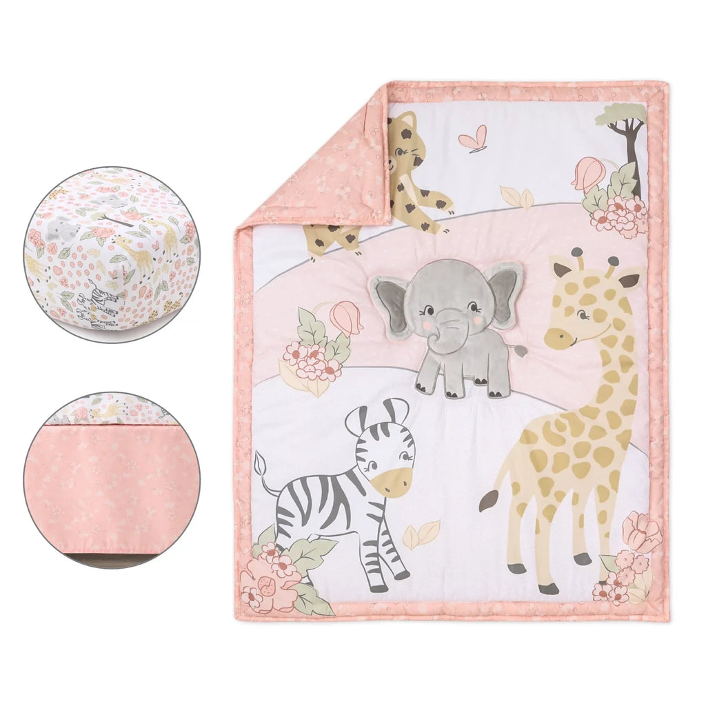 The Peanutshell Pink and Grey Wildest Dreams Crib Bedding Set for Baby Girls, 3 Piece Nursery Set