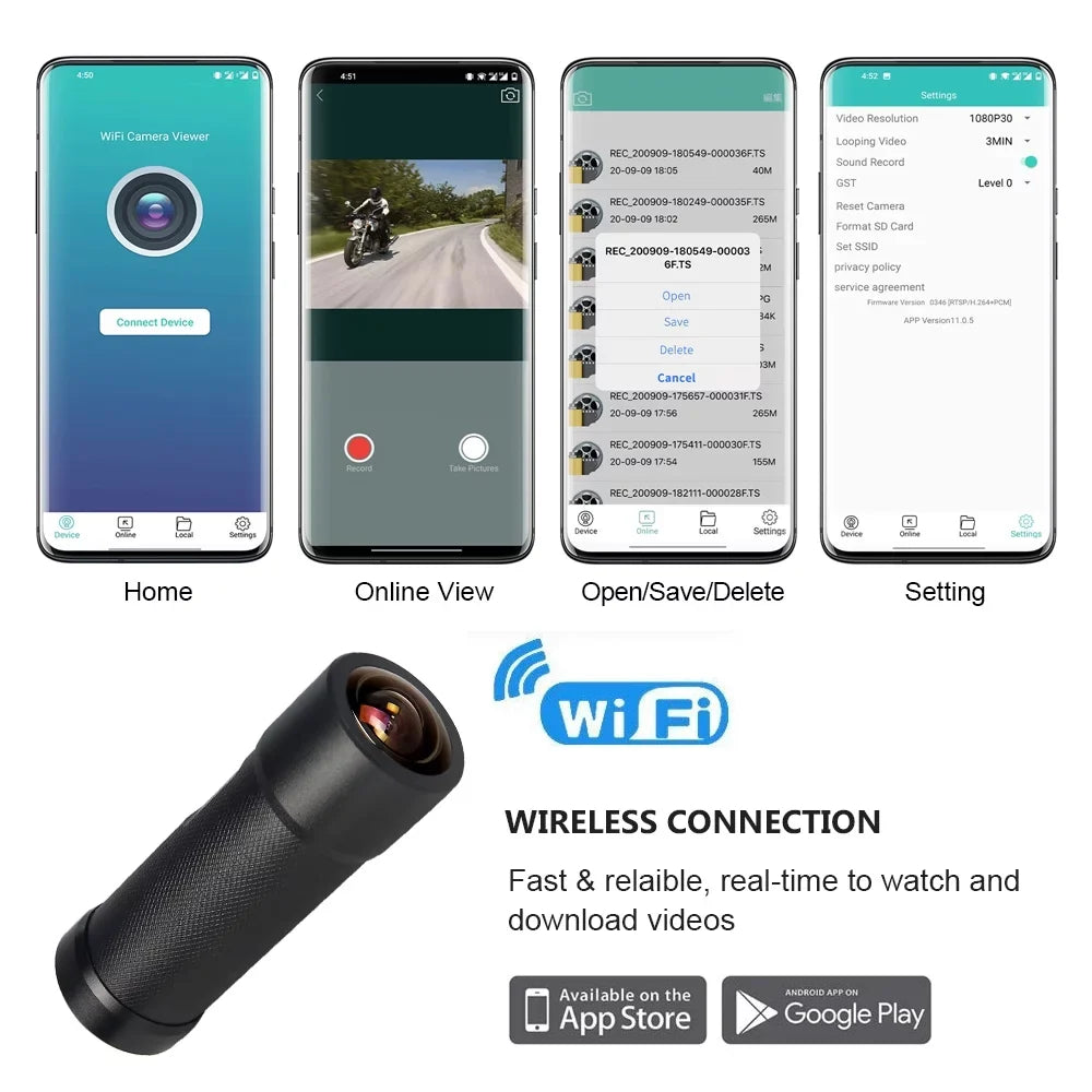 2K Motorcycle Bike Helmet Camera, Portable WiFi Waterproof Motorcycle Dash Cam Action Camera, 170° Super Wide Angle Night Vision Lens, , Loop Recording