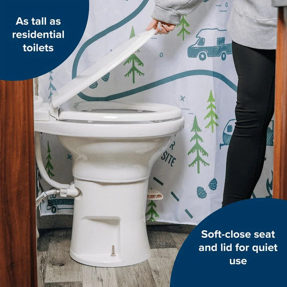 Camco Premium Ceramic Camper/ Toilet | Features a Gravity Flush System with Convenient Foot Pedal & Full-Sized Ergonomic Design with 18-In Chair Height | Includes Soft-Close Wood Seat & Lid (41710)