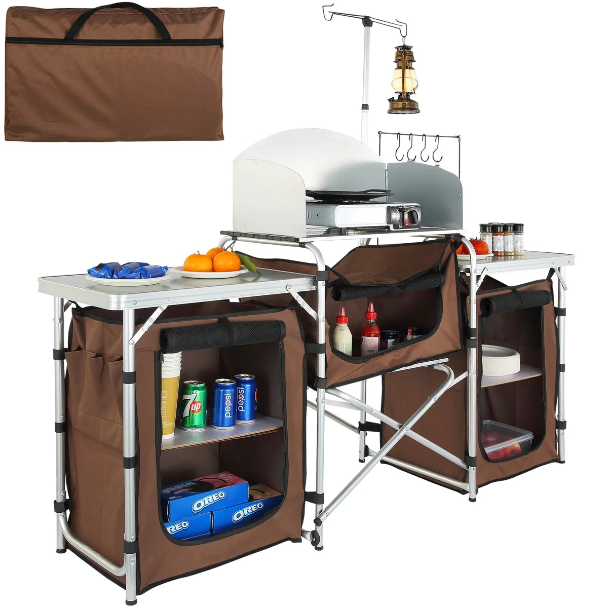Folding Portable Cook Table 3 Cupboards Brown Camping Kitchen Table
