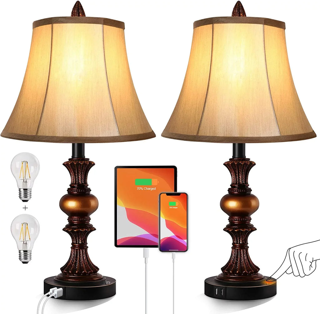 Nictiv Set of 2 Table Lamps, Bedroom Bedside Lamp with 4  Port Touch Control 3-Way Dimmable Nightstand Lamp Traditional Wooden Lamp Sets with 2 Free  Bulbs