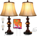 Nictiv Set of 2 Table Lamps, Bedroom Bedside Lamp with 4  Port Touch Control 3-Way Dimmable Nightstand Lamp Traditional Wooden Lamp Sets with 2 Free  Bulbs