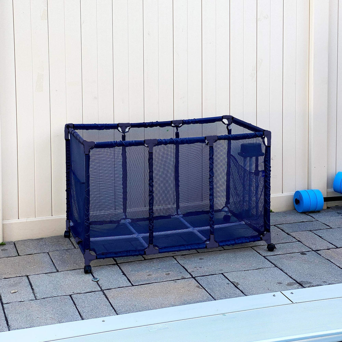 Essentially Yours Pool Noodles Holder, Toys, Floats, Balls and Floats Equipment Mesh Rolling Storage Organizer Bin, Kids Height, Large, (43"  x 25"  x 28" ), Blue Style 563009