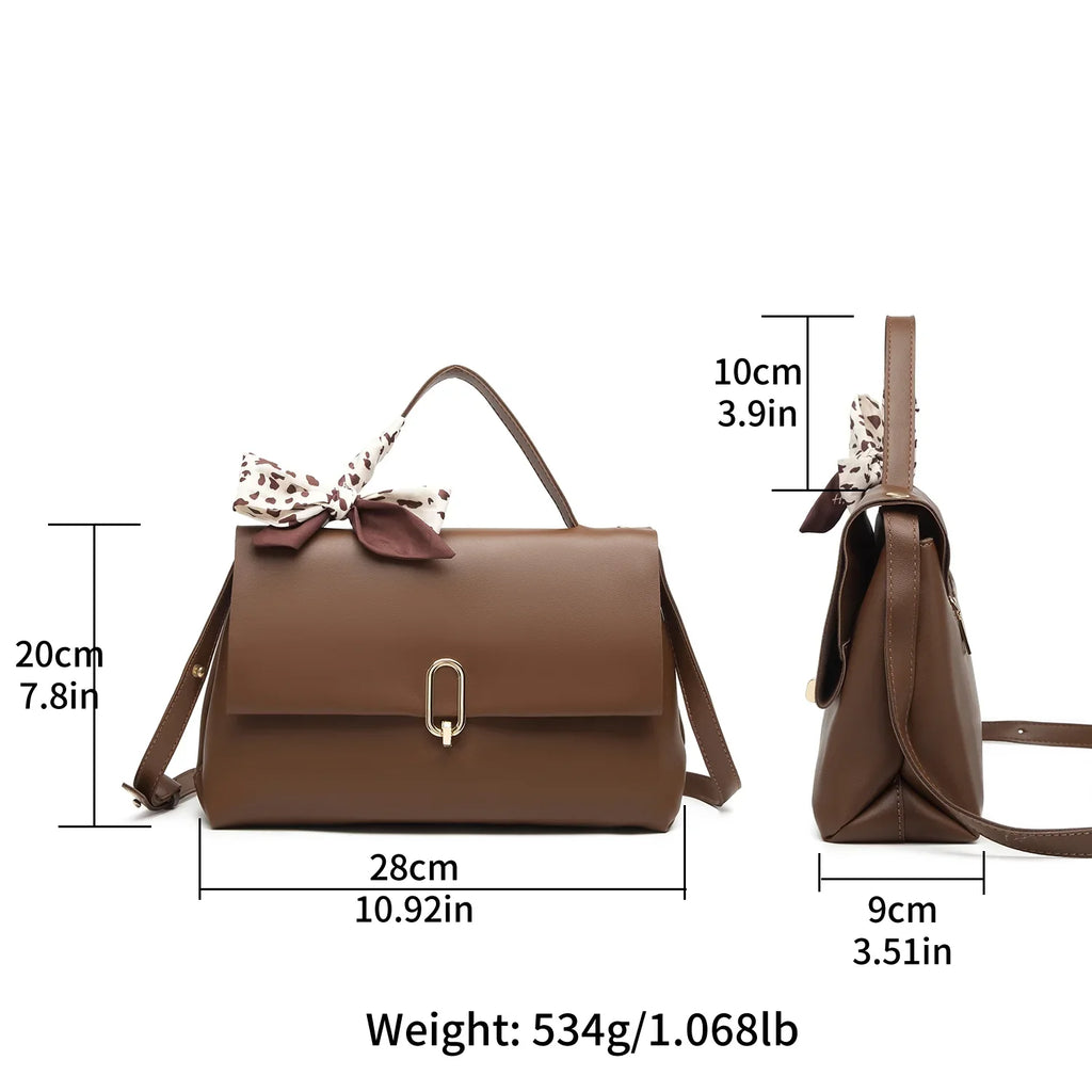Brown crossbody bags women handbags ladies hand bags square bag Women's Silk Scarf Handle  Leather Flap Shoulder Bag