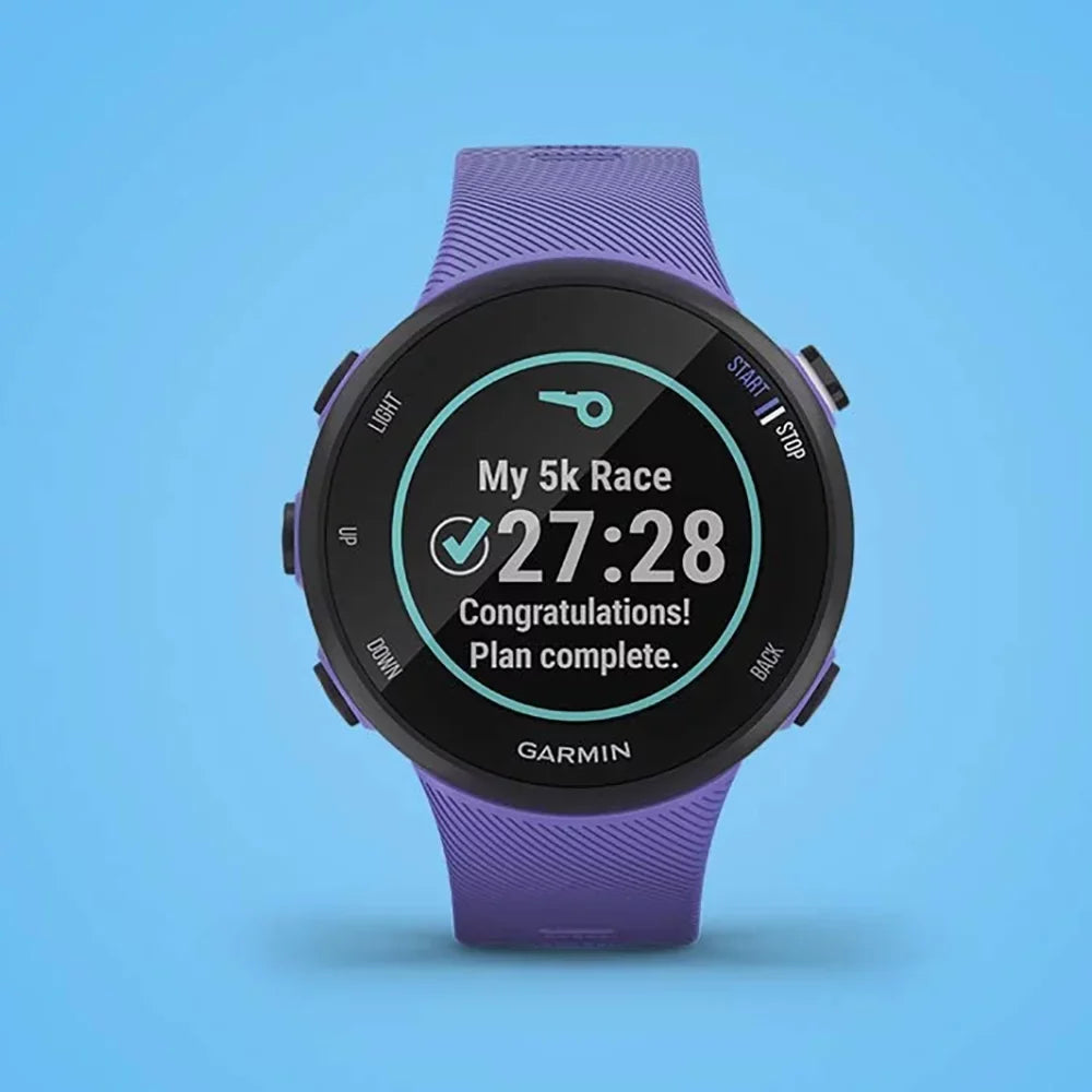 Restored Garmin 010--01 Forerunner 45S  Heart Rate Monitor Running Smartwatch (Iris) - Bundle With Fitness & Wellness Suite (, Yoga Vibes, Daily Burn) (Refurbished)