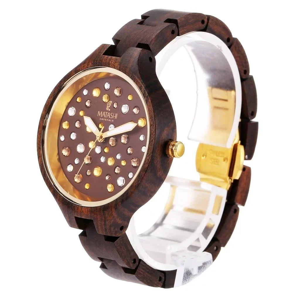 Womens Brown Salwood Watch with Crystals, Gold Bezel, Business Casual, Swiss Ronda Movement, 1ATM Water Resistant