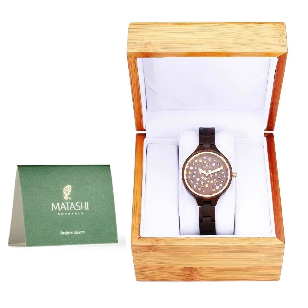 Womens Brown Salwood Watch with Crystals, Gold Bezel, Business Casual, Swiss Ronda Movement, 1ATM Water Resistant