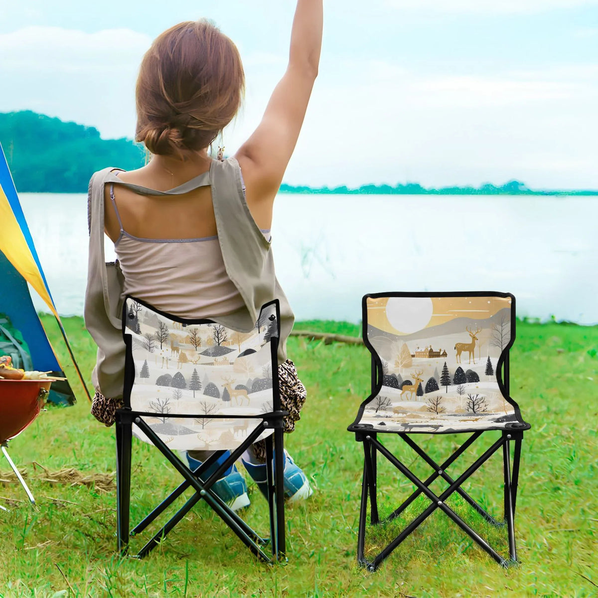Golden in Deers Forest Portable Camping Chair Small for Kids Outdoor Folding Beach Chair Fishing Chair Lawn Chair with Carry Bag