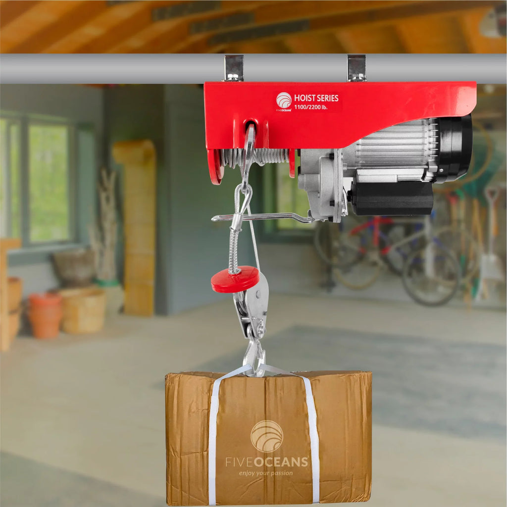 Five Oceans Electric Hoist, Hoist Pulley System, Pulley Hoist, 440 Lb Electric Winch 20FT Remote Control 120 , Includes Working Gloves for Garage, Factory Lifting Emergency Stop Button - -