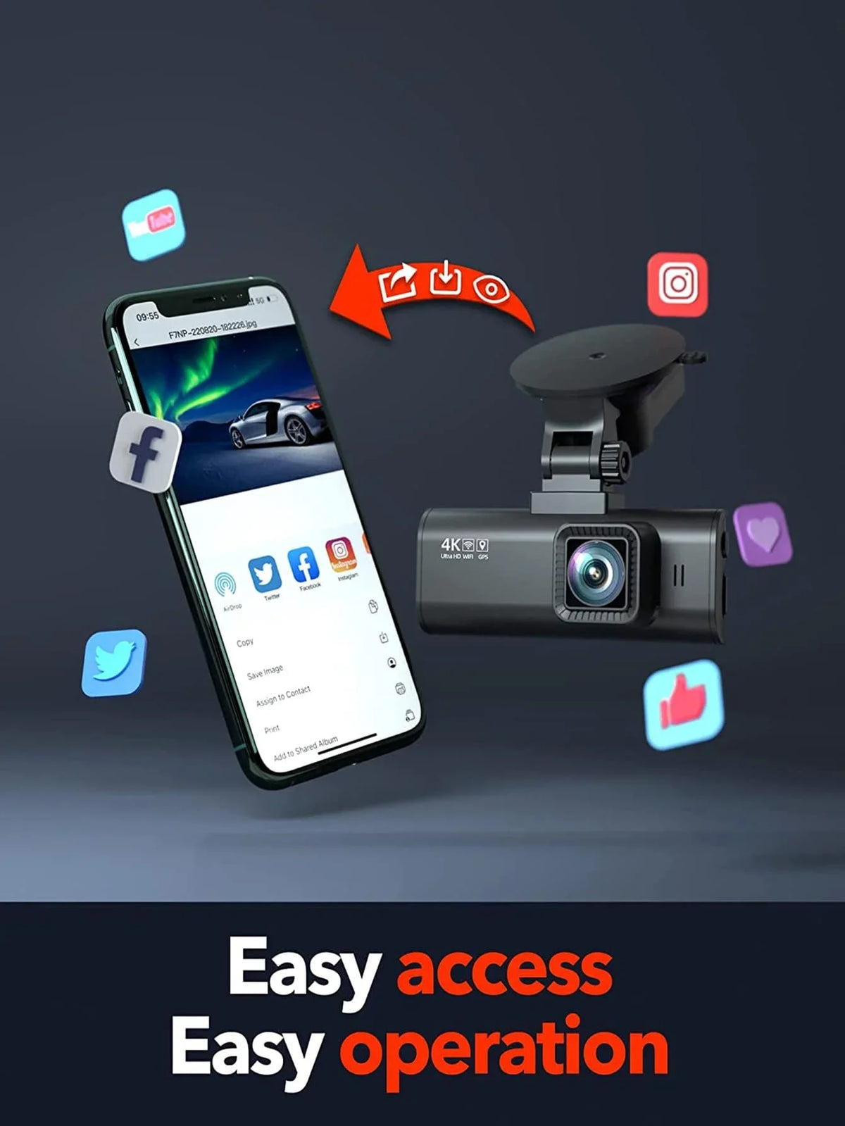 4K Dash Cam with Wi-Fi,  Front Camera, and Type- Hardwire Kit