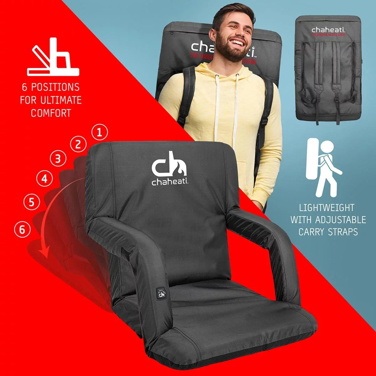 Chaheati 7  Heated Folding Bleacher Seat in Black – Battery Heated Chair For Camping, Sports, And Outdoor Activities
