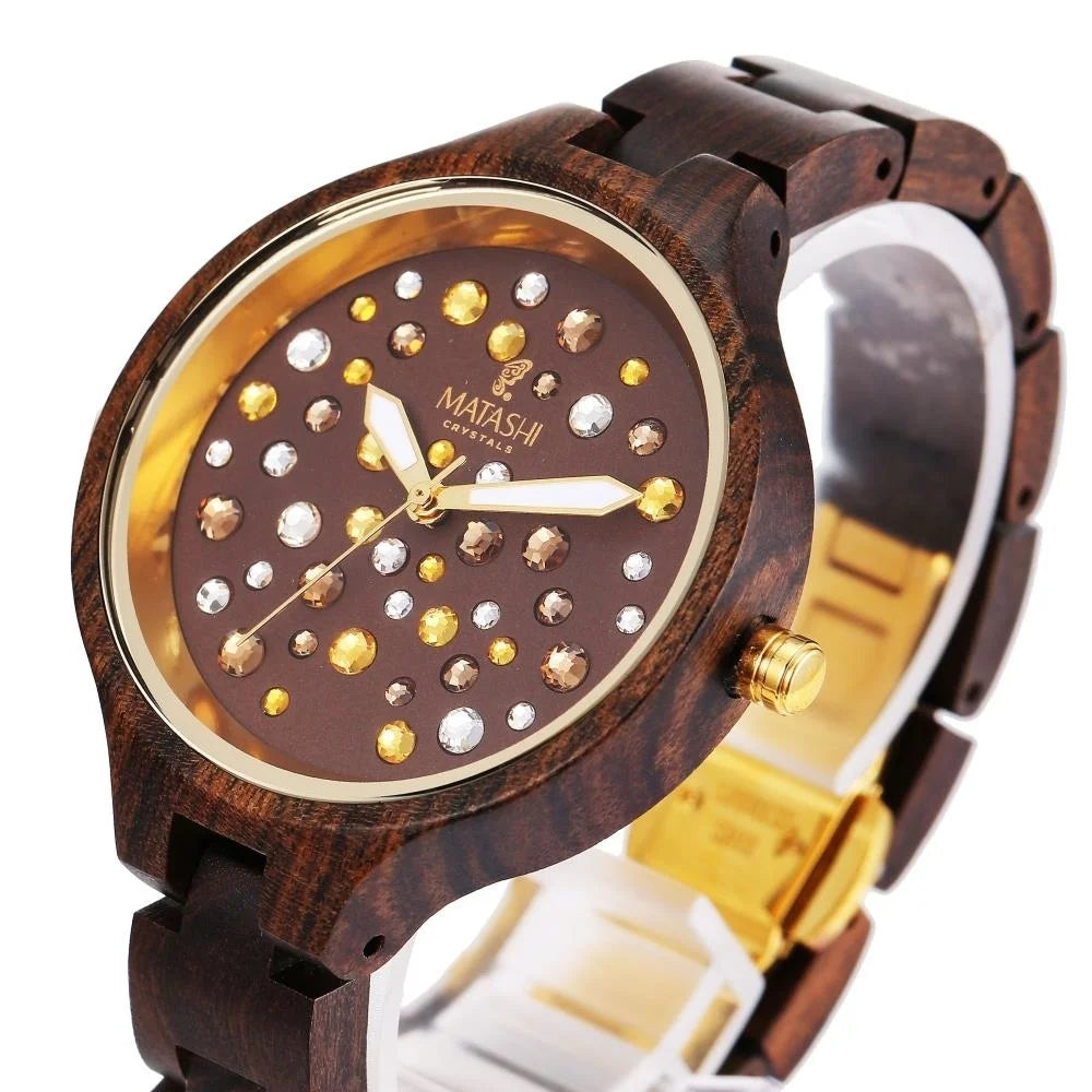 Womens Brown Salwood Watch with Crystals, Gold Bezel, Business Casual, Swiss Ronda Movement, 1ATM Water Resistant