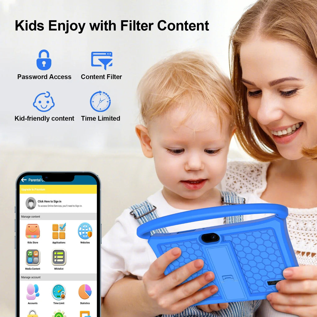 7 inch Kids Tablet, 2GB  32GB , Android 11 Tablet, WiFi6, Bluetooth, Parental Control Pre-Installed Learning Tablet Apps for Toddlers Children Kid-Proof Protective Case, Google Play(Blue)