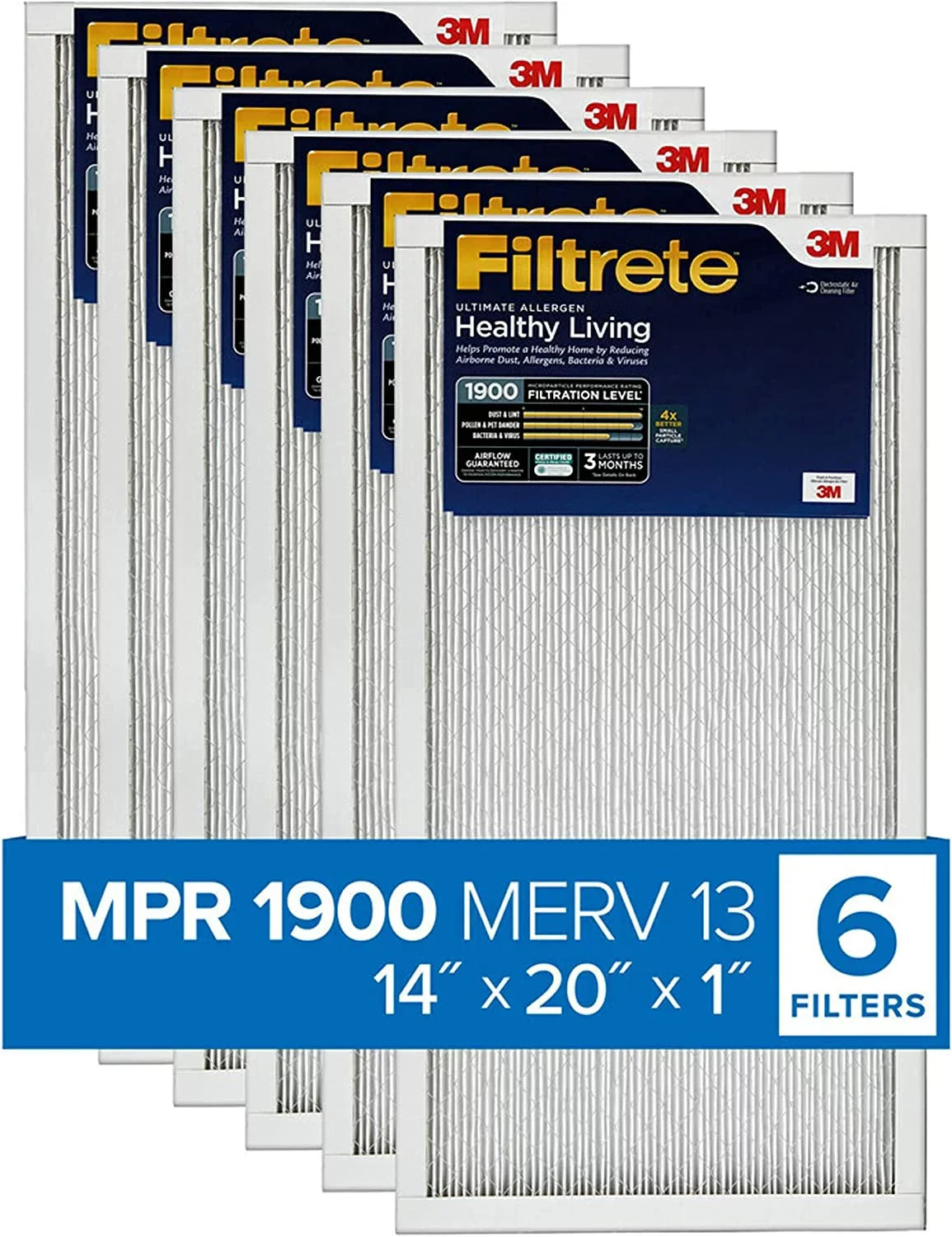 Filtrete 14x20x1,  Furnace Air Filter,  1900, Healthy Living Ultimate Allergen, 6-Pack (exact dimensions 13.81 x 19.81 x 0.78)