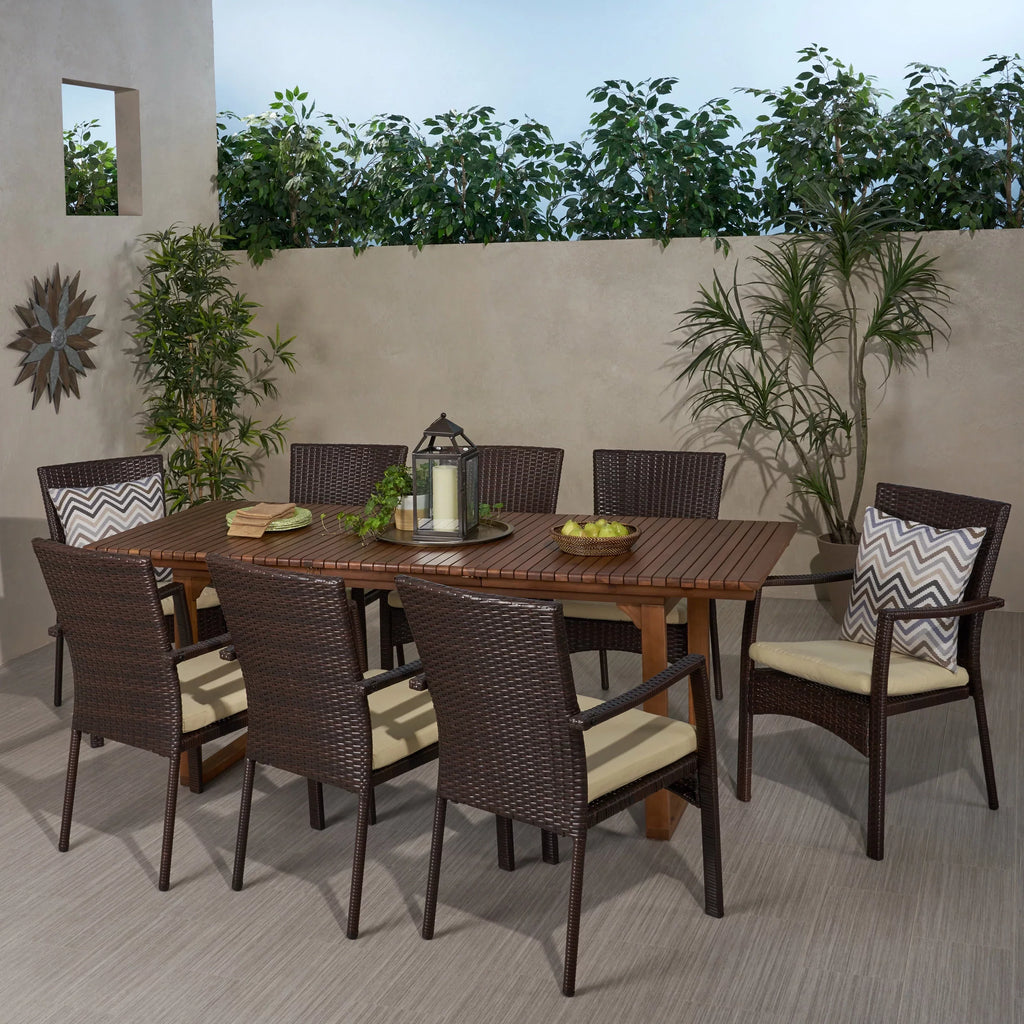 Maxwell Outdoor 8 Seater Expandable Wood and Wicker Dining Set, Brown, Cream
