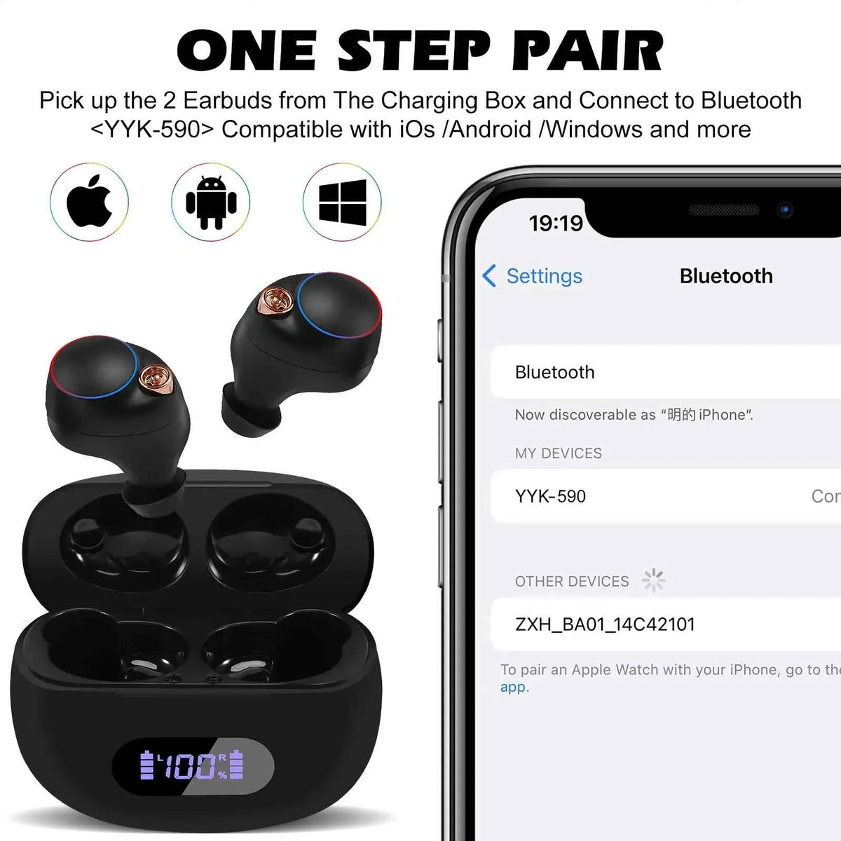 UrbanX True Wireless Bluetooth Earbuds + Charging Case, Black, Dual Connect,  Water Resistance, Bluetooth 5.2 Connection, Balanced, Bass Boost Compatible with Lenovo Yoga Smart Tab
