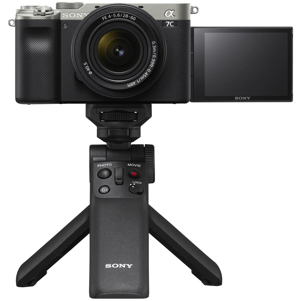 Sony a7C Mirrorless Full Frame Camera Body with 28-60mm -5.6 Lens Silver / Bundle + Vlogger Kit : - Shooting Grip w. Wireless Remote + 2x Battery + Deco Gear Bag & Accessories