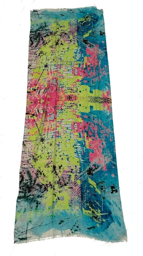 James Paul Cheung Women's Lime and Pink Print Cashmere/Wool Blend Scarf
