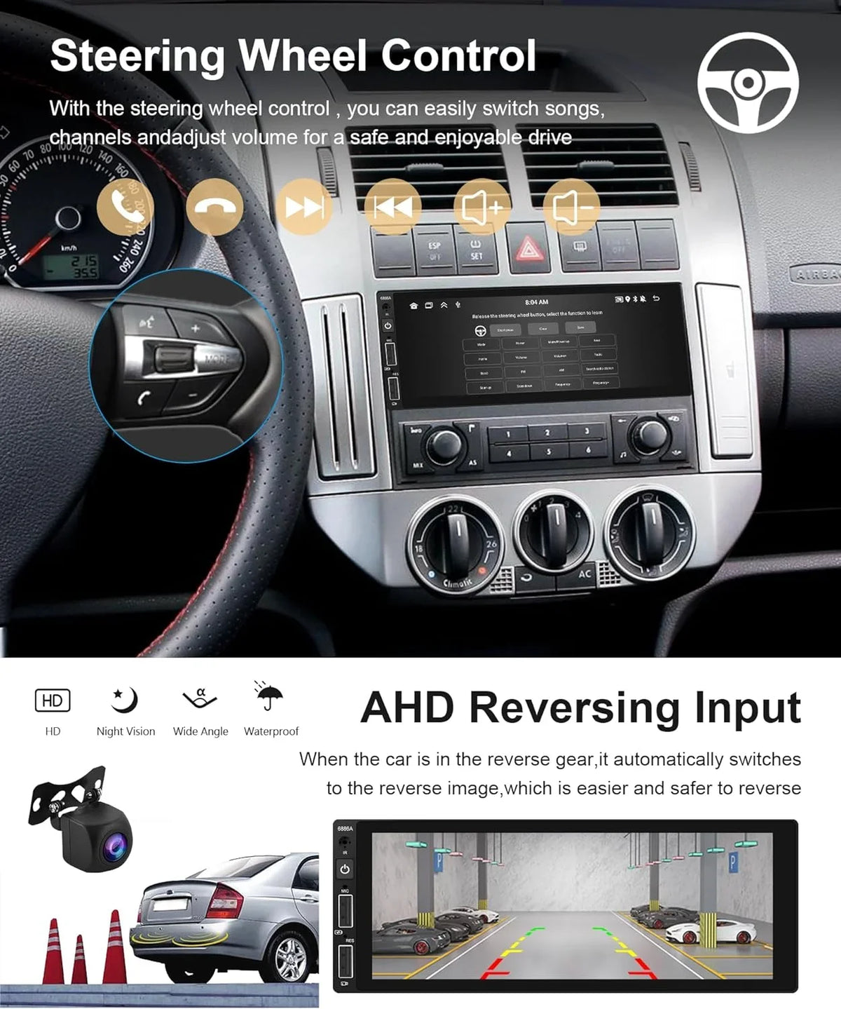 2G+32G Android Single Din Wireless Carplay Car Stereo Android Auto podofo 6.86 inch  Touch Screen Bluetooth Car Radio in Dash  Head Unit with Backup Camera WiFi Subwoofer HiFi Audio