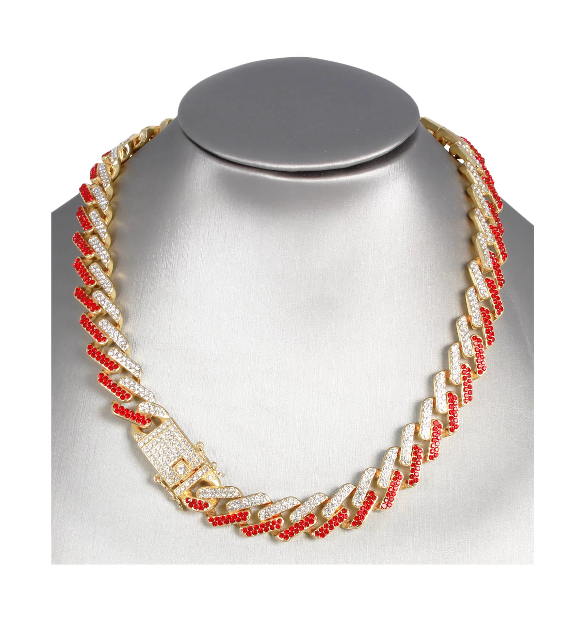 Charles Raymond Ice on Blast! Blinged Out Hip Hop Rolly Looks with Iced Out Wristwatch Trim and Band with Matching Zig Zag Bling'ed Out Necklace Sets -  Necklace Sets - Gold - Red