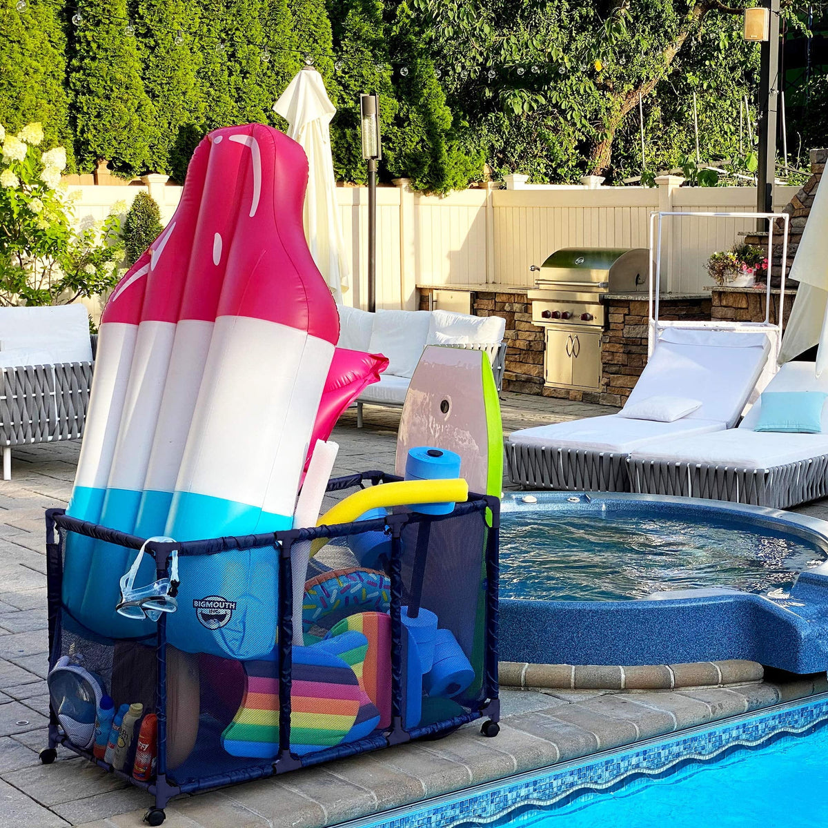 Essentially Yours Pool Noodles Holder, Toys, Floats, Balls and Floats Equipment Mesh Rolling Storage Organizer Bin, Kids Height, Large, (43"  x 25"  x 28" ), Blue Style 563009