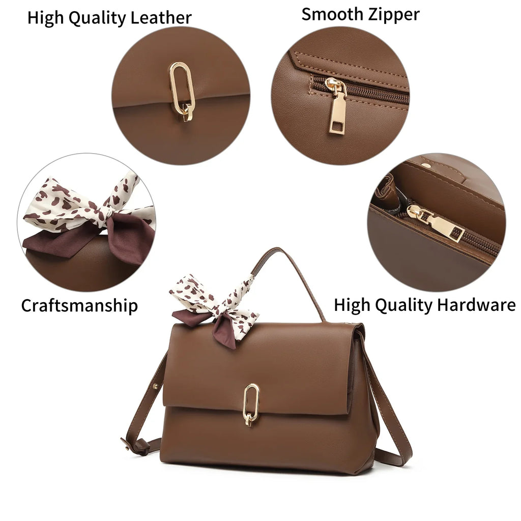 Brown crossbody bags women handbags ladies hand bags square bag Women's Silk Scarf Handle  Leather Flap Shoulder Bag