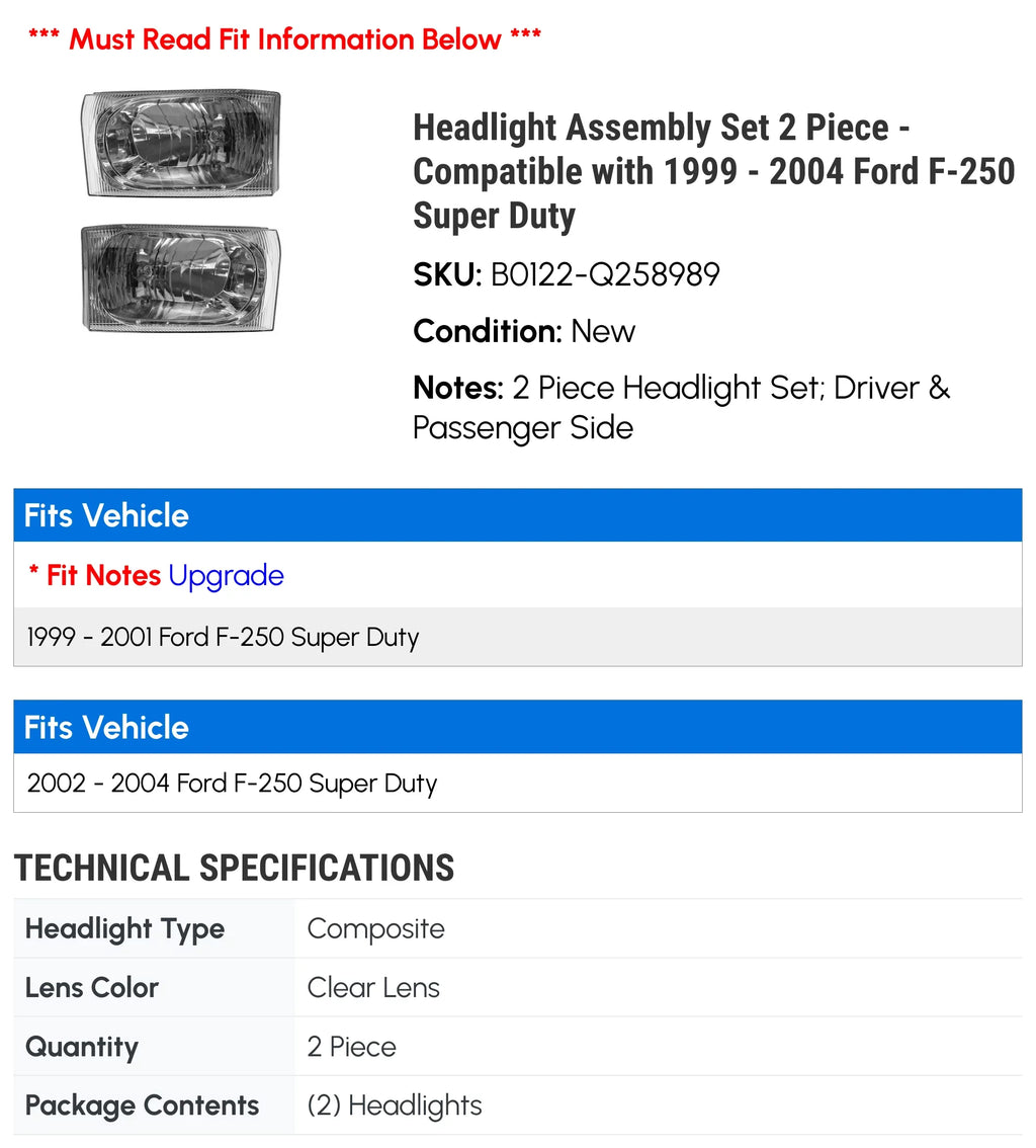 Headlight Assembly Set 2 Piece - Compatible with 1999 - 2004 Ford -250 Super Duty 2000 2001 2002 2003
