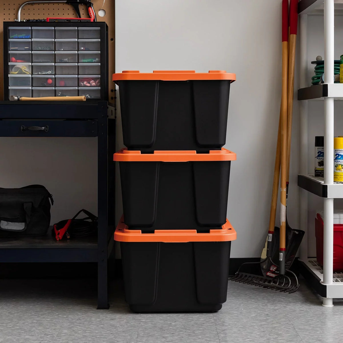 3 Pack 108qt/27gal Heavy Duty Utility Tough Tote, Black with Orange Lid