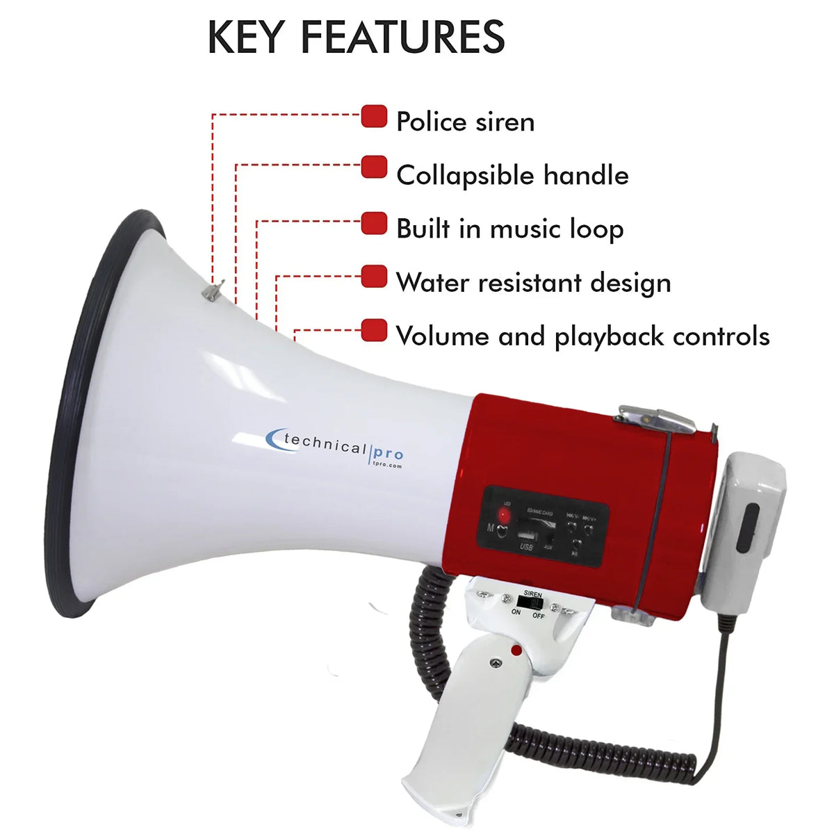 Technical Pro Red Megaphone 75-Watt Siren Bullhorn - Bullhorn Speaker w/Detachable Microphone, Portable Lightweight Strap Detachable  - Professional Outdoor Voice for Police And Cheer leading