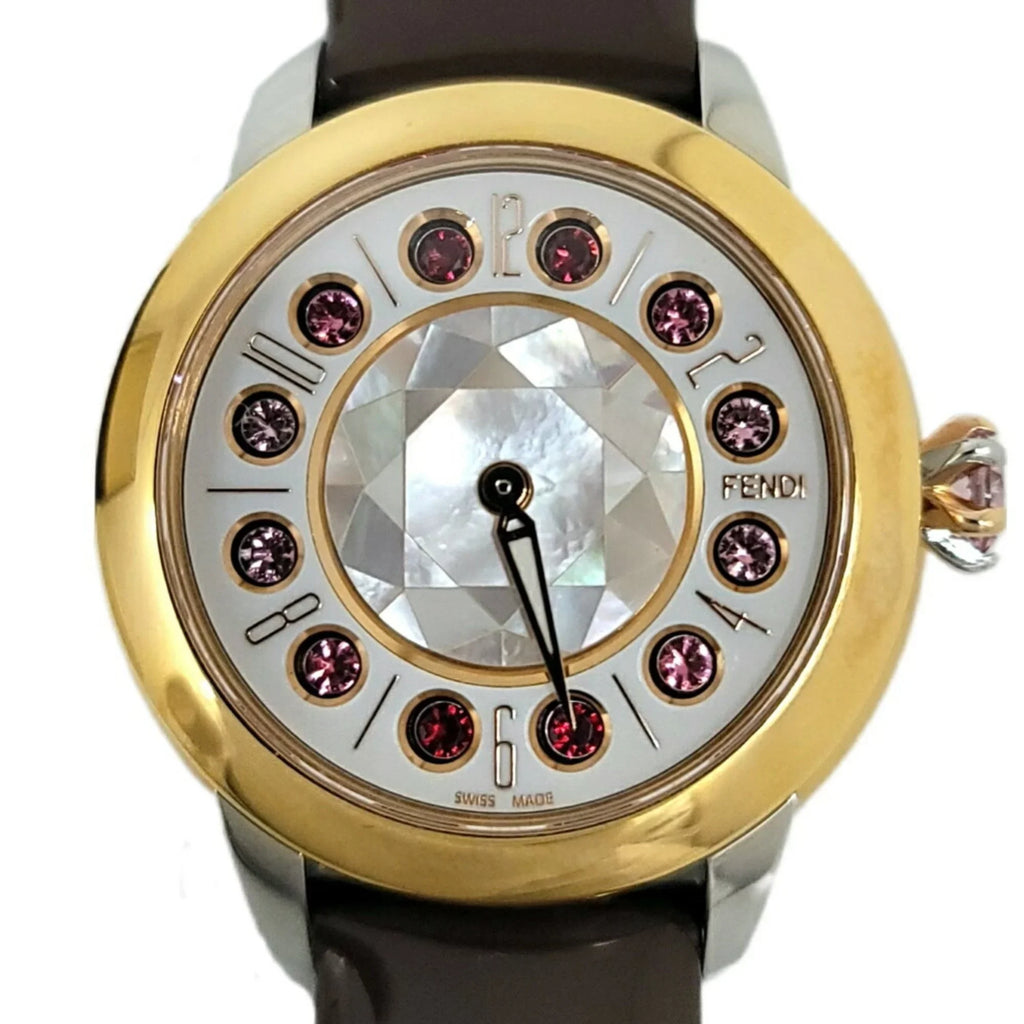 Pre-Owned  Fendi Eye Shine Enamel Belt  3 Colors Quartz Brown Watch Clock Fashionable Shell Black Spinel Topaz Women's (Like New)