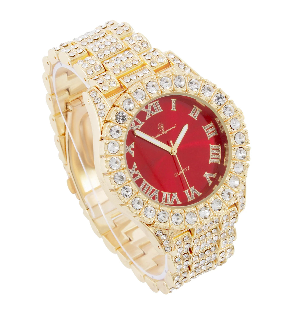 Charles Raymond Ice on Blast! Blinged Out Hip Hop Rolly Looks with Iced Out Wristwatch Trim and Band with Matching Zig Zag Bling'ed Out Necklace Sets -  Necklace Sets - Gold - Red
