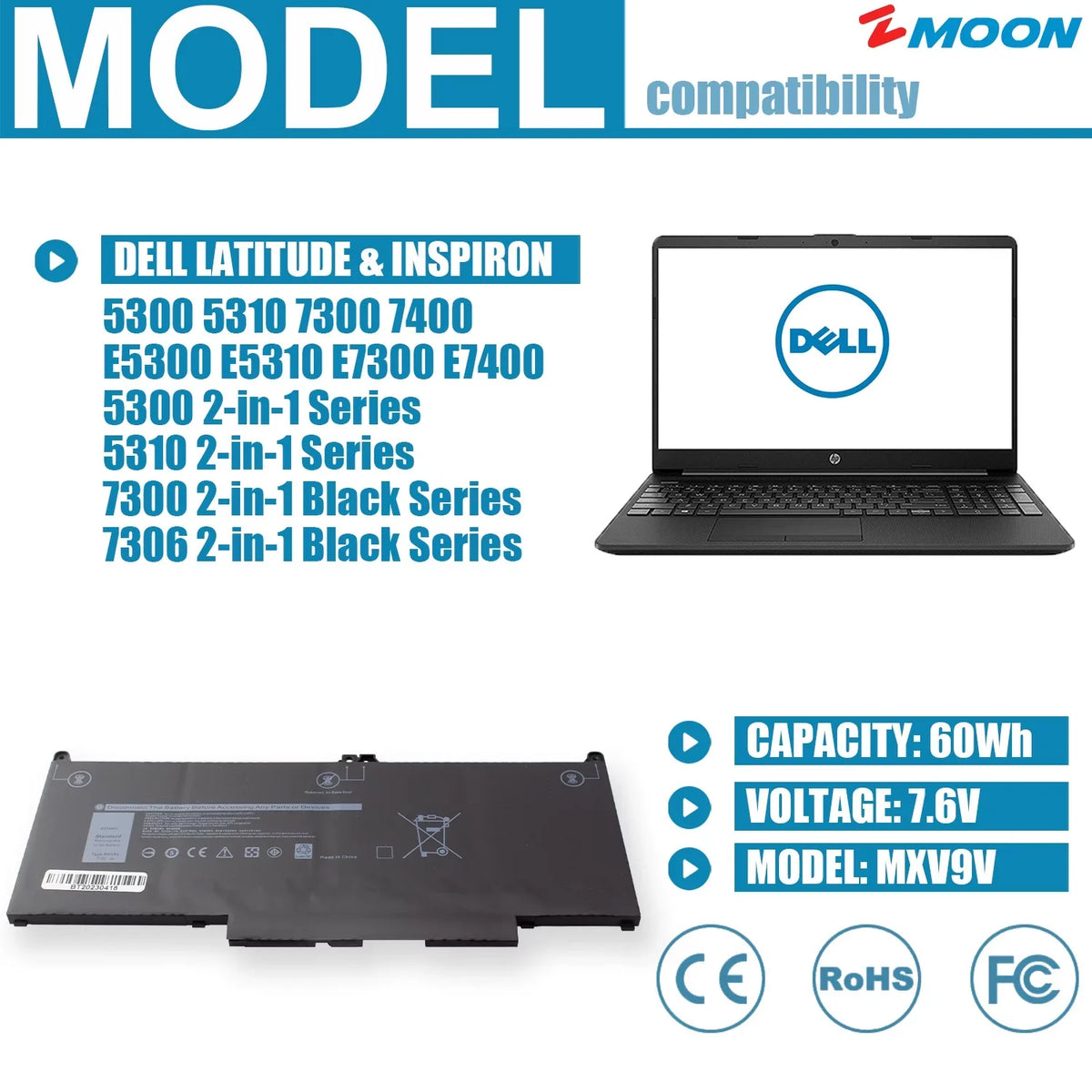 Laptop Battery for Dell Latitude 5300 5310 7300 7400 Inspiron 7300 7306 2 in 1 Black,