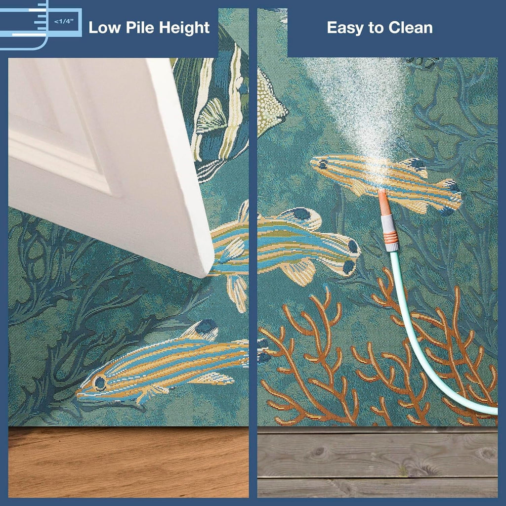Marina Indoor/Outdoor Power Loomed Synthetic Blend Low Profile Area Rug - Transitional Graphic Coastal Animal Colorful (Fish Aqua) (6'6"  9'4")