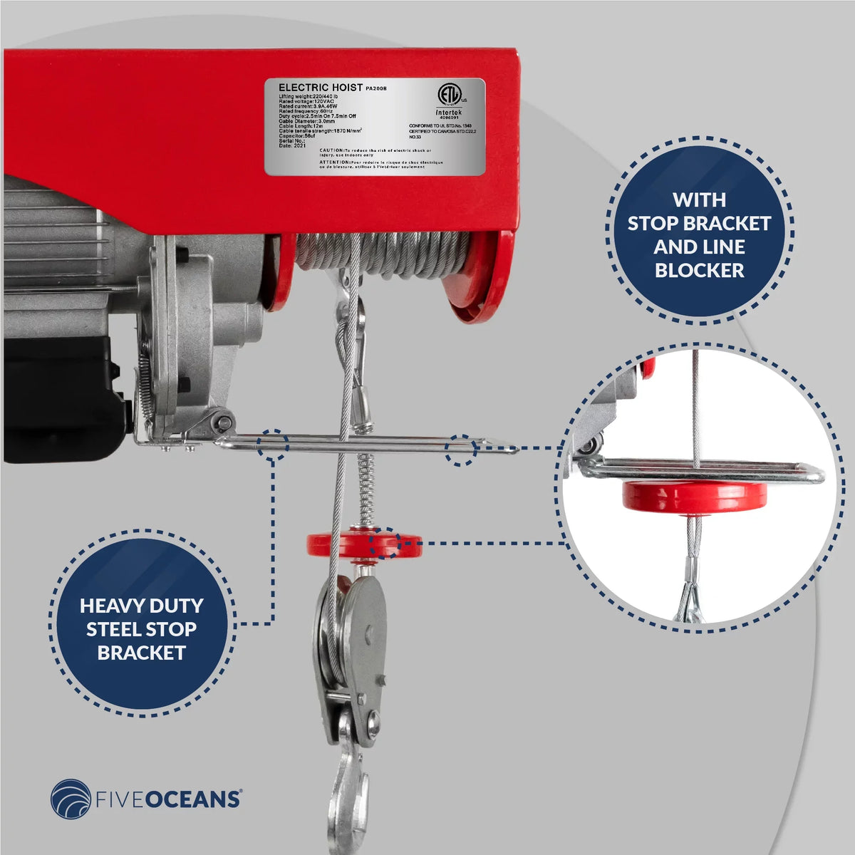 Five Oceans Electric Hoist, Hoist Pulley System, Pulley Hoist, 440 Lb Electric Winch 20FT Remote Control 120 , Includes Working Gloves for Garage, Factory Lifting Emergency Stop Button - -