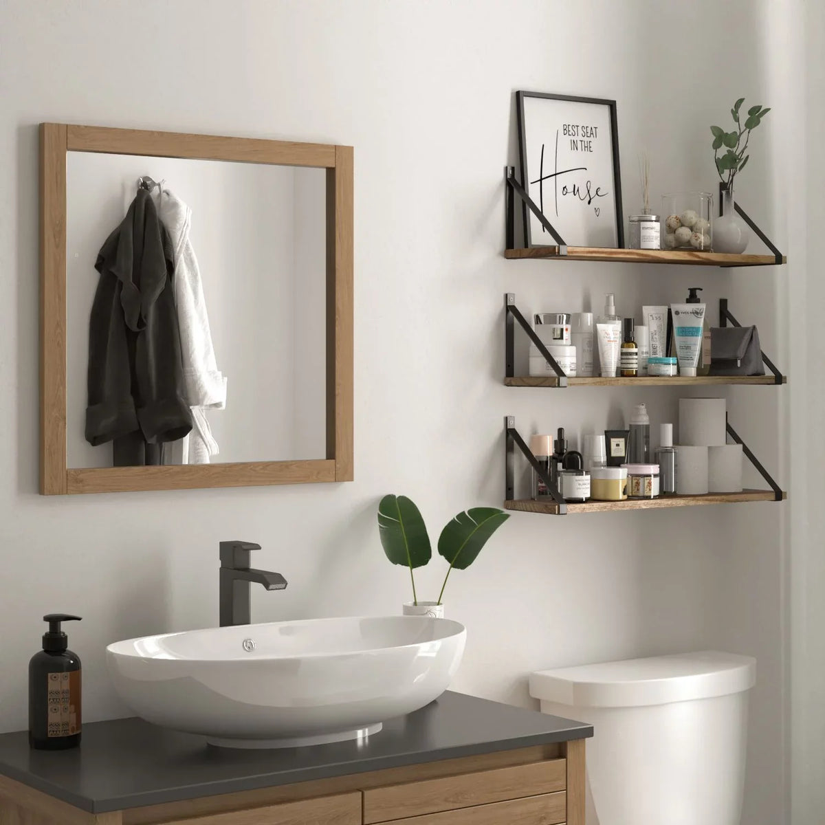 Wallniture Bora 24" Float Shelf Bathroom Wall Shelves Over the Toilets Storage Laundry Organizer, Natural Burned, Set of 3