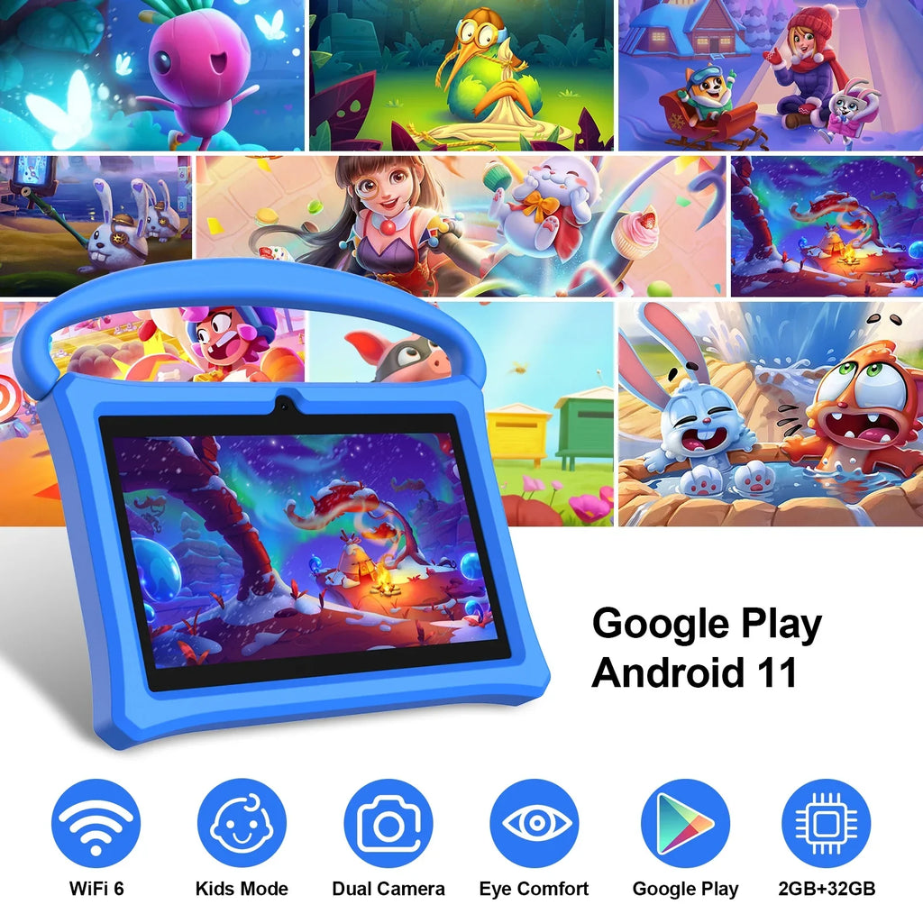 7 inch Kids Tablet, 2GB  32GB , Android 11 Tablet, WiFi6, Bluetooth, Parental Control Pre-Installed Learning Tablet Apps for Toddlers Children Kid-Proof Protective Case, Google Play(Blue)