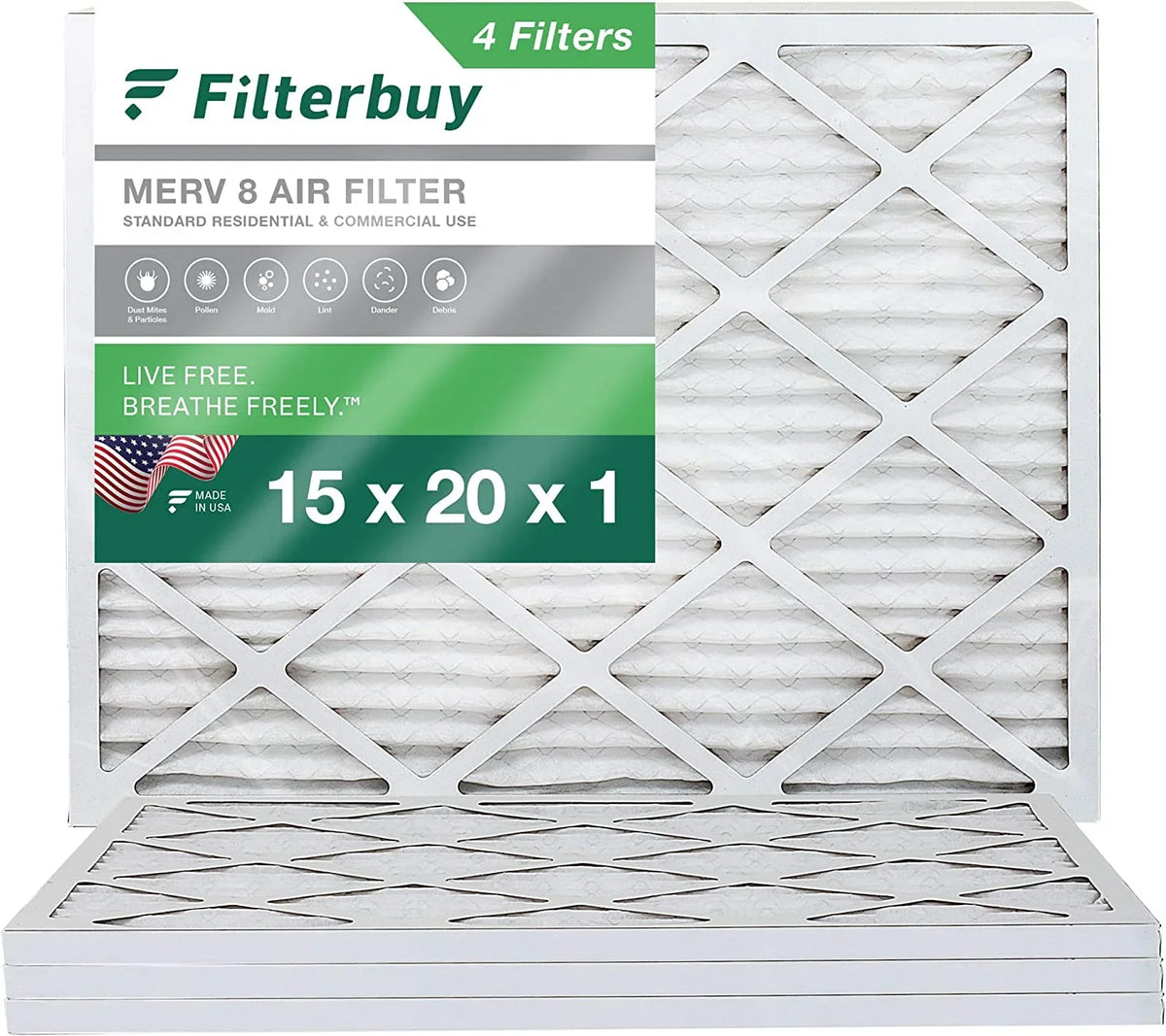 Filterbuy 15x20x1  8 Pleated   Furnace Air Filters (4-Pack)