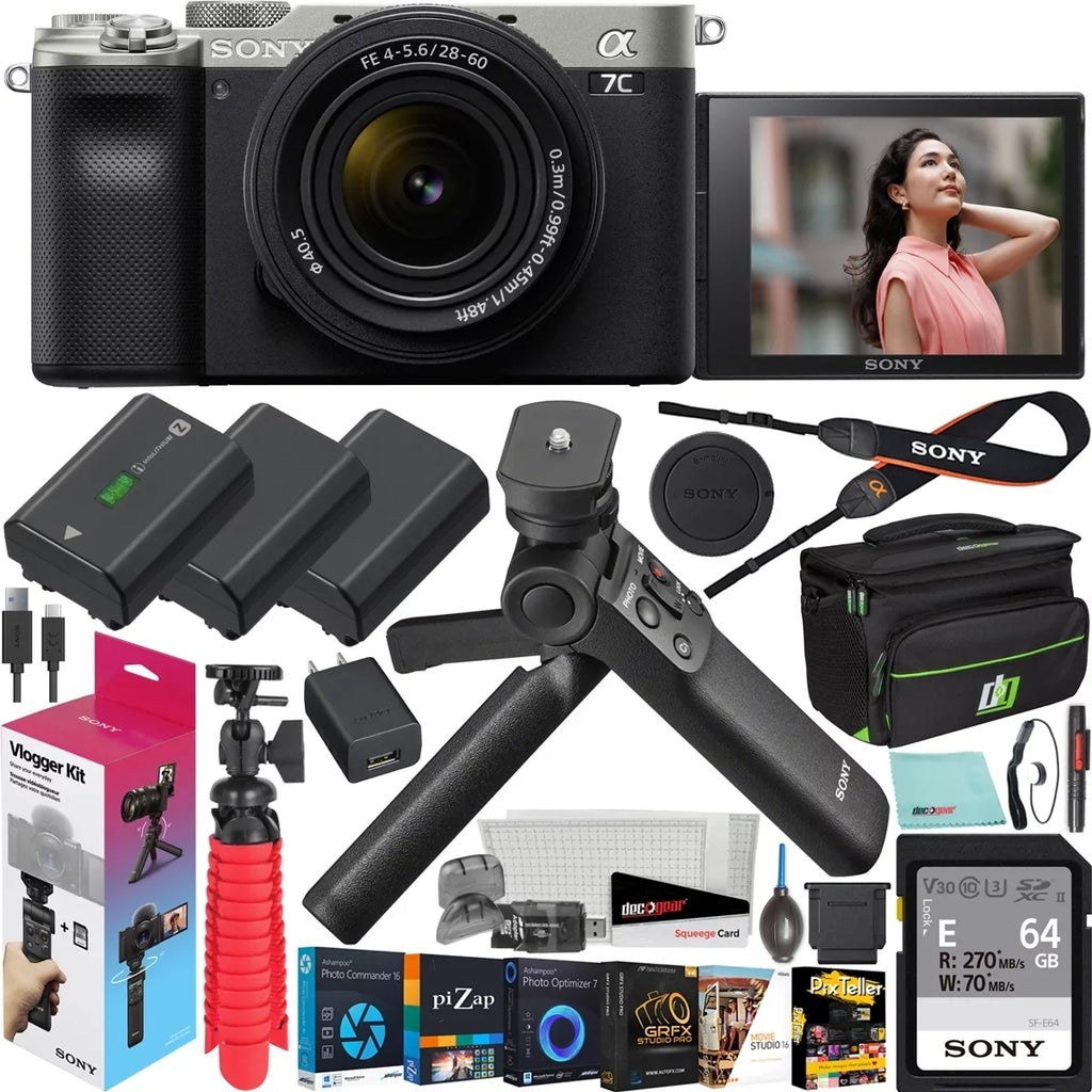 Sony a7C Mirrorless Full Frame Camera Body with 28-60mm -5.6 Lens Silver / Bundle + Vlogger Kit : - Shooting Grip w. Wireless Remote + 2x Battery + Deco Gear Bag & Accessories
