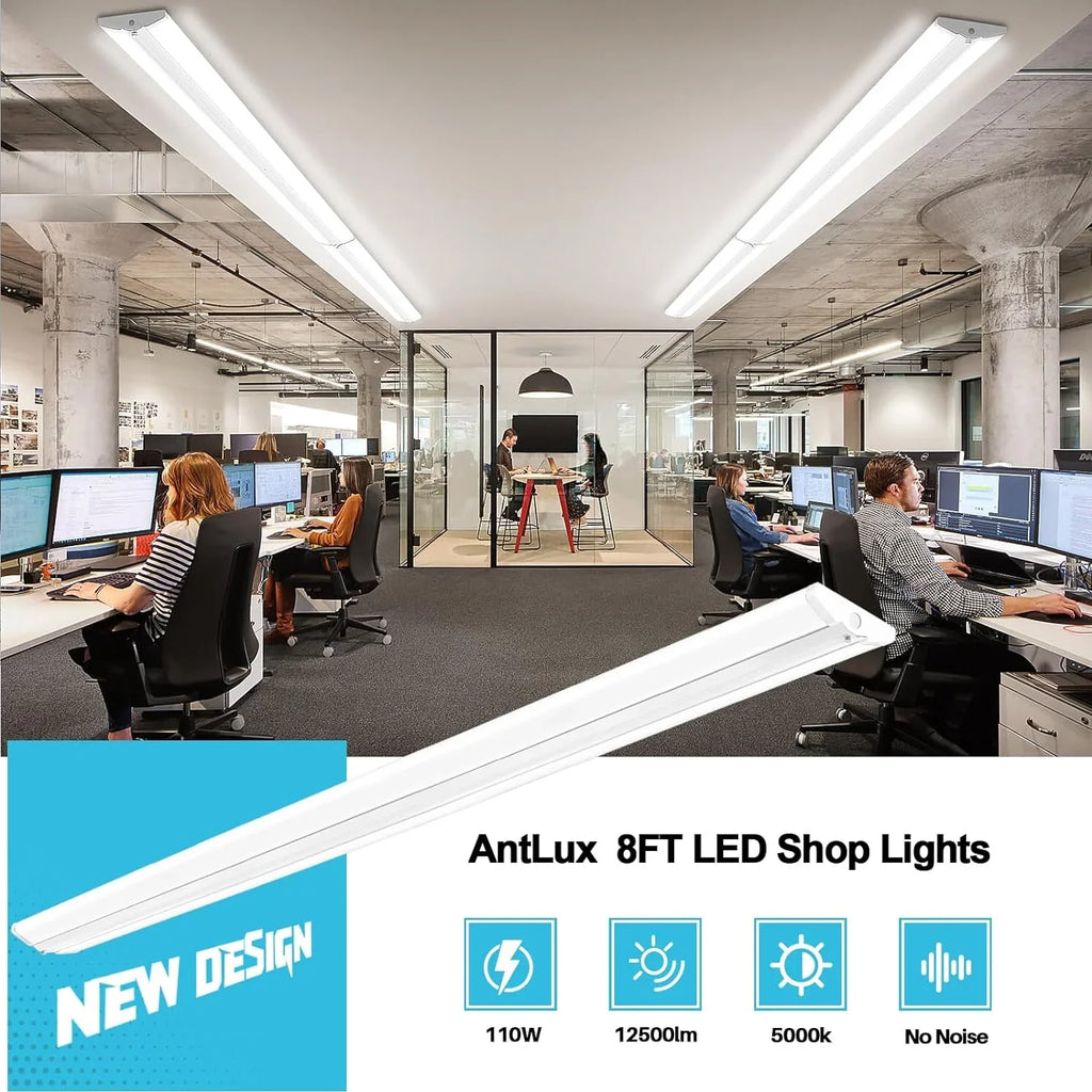 8FT  Shop Light 110W [6-lamp  Fluorescent Equiv.], Compact 8 Foot Strip Lights, 12500LM, 5000K, Commercial Grade Flush Mount Ultra Slim  Wraparound for Garage Office Warehouse, 4 Pack