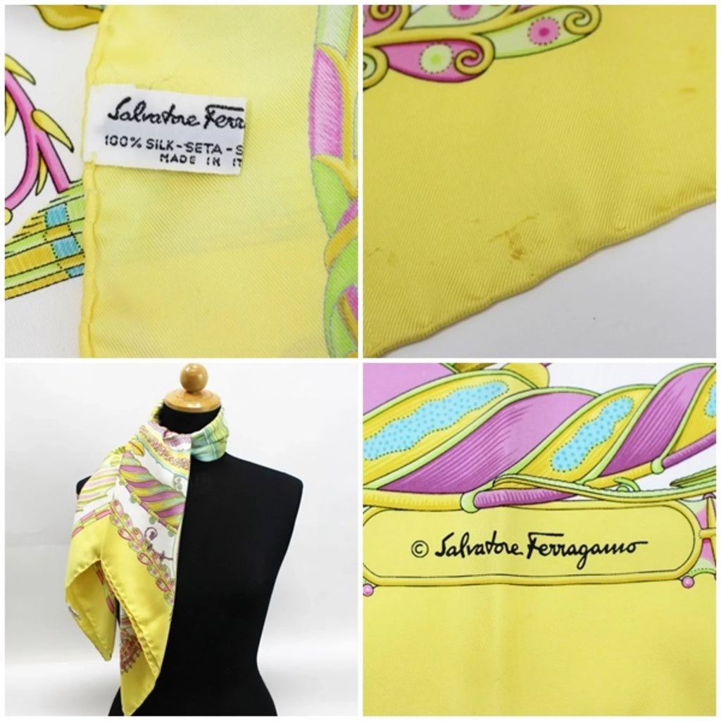 Pre-Owned Salvatore Ferragamo silk scarf tropical fish white x yellow   ladies (Good)
