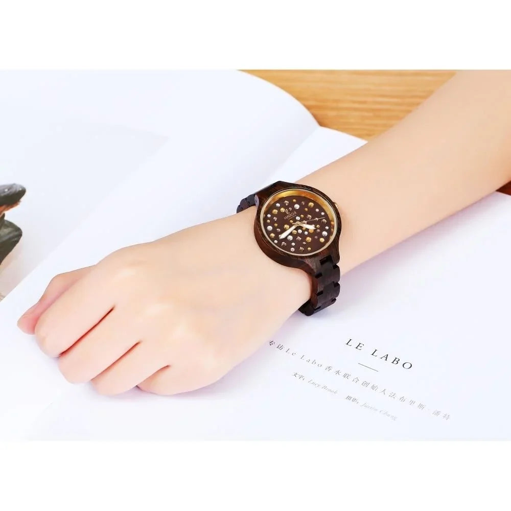 Womens Brown Salwood Watch with Crystals, Gold Bezel, Business Casual, Swiss Ronda Movement, 1ATM Water Resistant