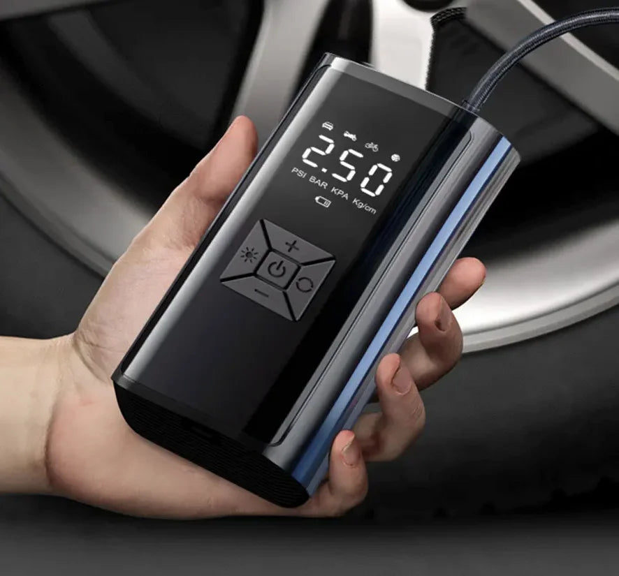 PowerCleany™ Electric Air Pump for Inflatables, Portable Air Compressor for Car Tires, Bicycles, Balls, Air Mattresses and Inflatable Boats, Emergency  Light, Cordless Tire Inflator and Power Bank