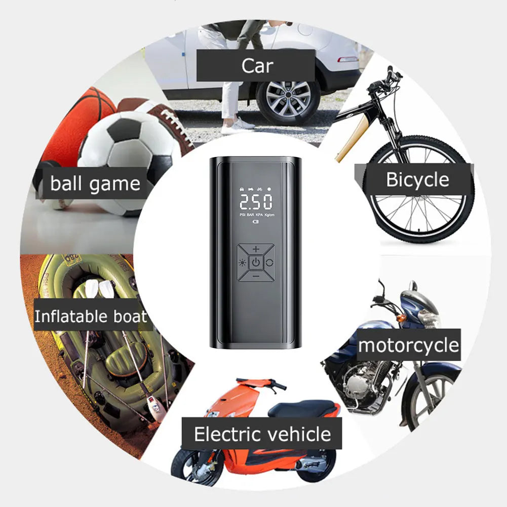 PowerCleany™ Electric Air Pump for Inflatables, Portable Air Compressor for Car Tires, Bicycles, Balls, Air Mattresses and Inflatable Boats, Emergency  Light, Cordless Tire Inflator and Power Bank